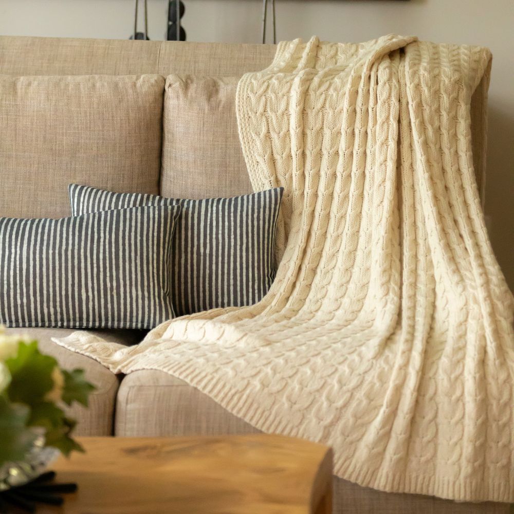 Baby Alpaca & Pima Cotton Cable Knit Throw Blanket – Ivory