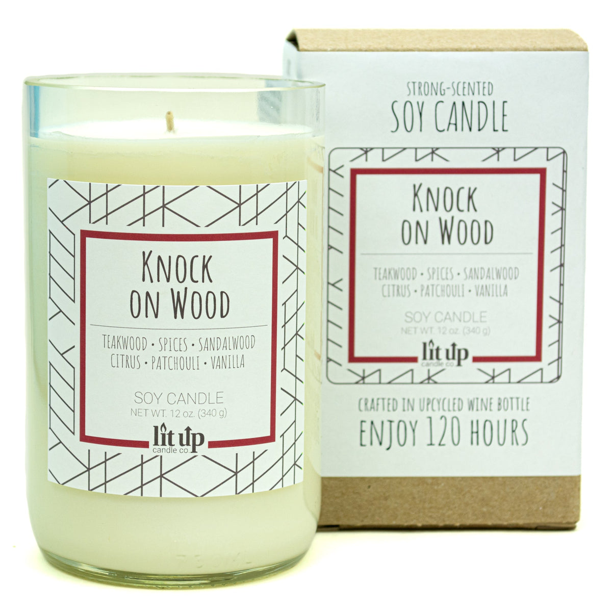 Knock on Wood Soy Candle – 12 oz Teakwood & Sandalwood in Upcycled Wine Bottle