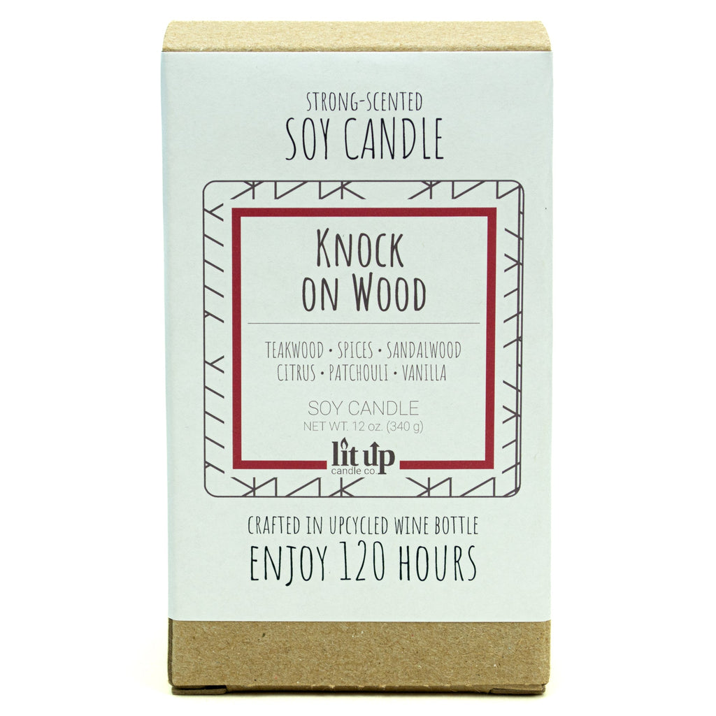Knock on Wood Soy Candle – 12 oz Teakwood & Sandalwood in Upcycled Wine Bottle