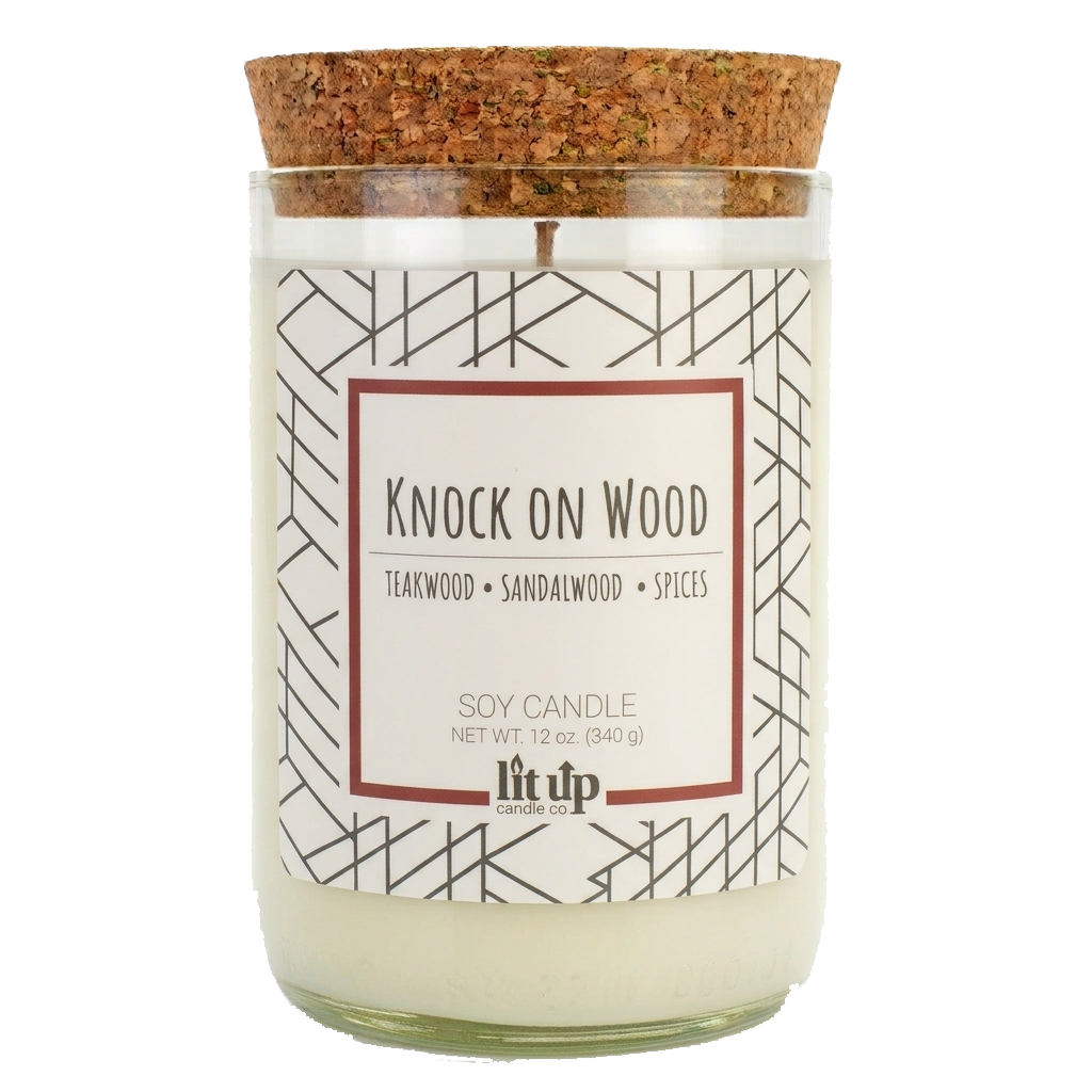 Knock on Wood Soy Candle – 12 oz Teakwood & Sandalwood in Upcycled Wine Bottle