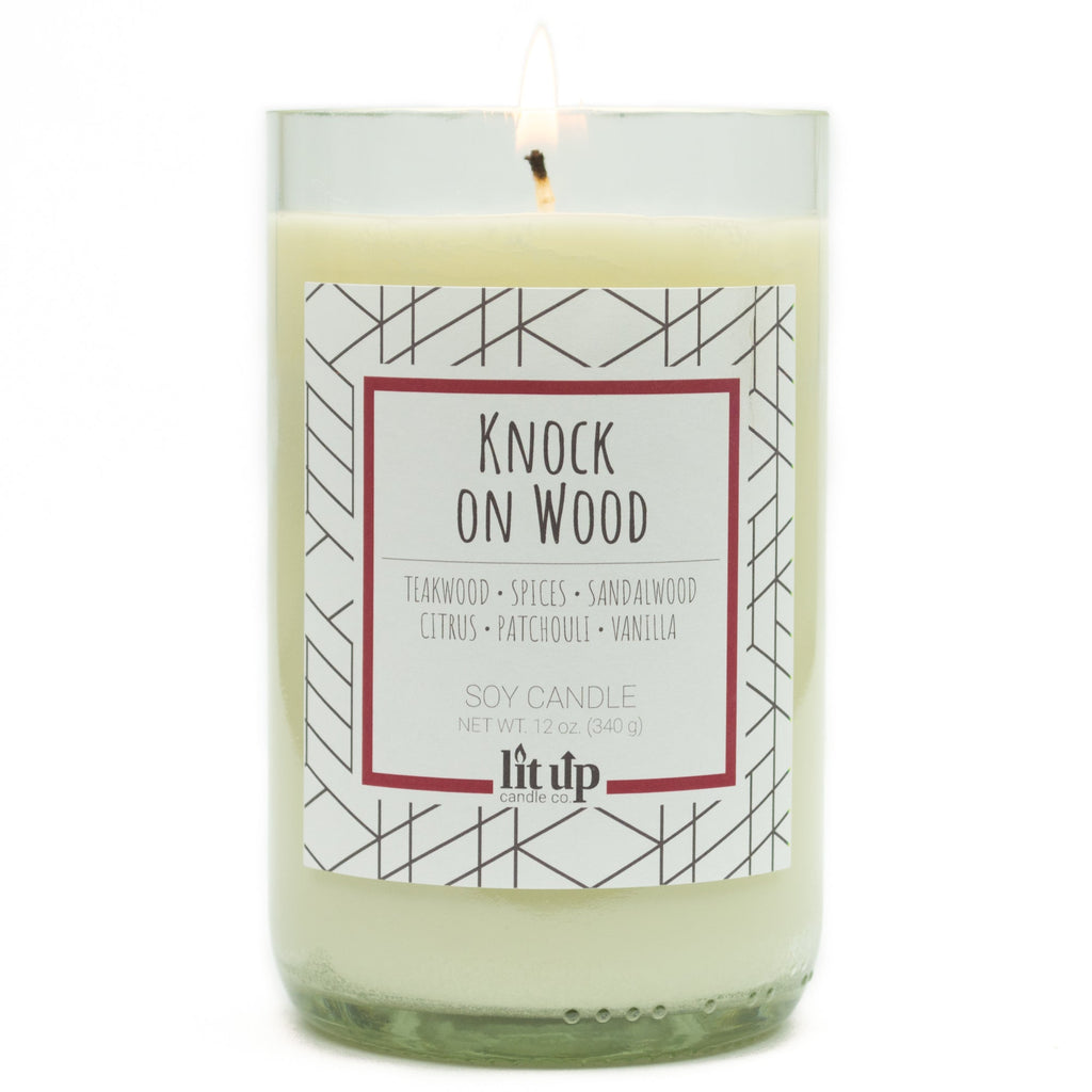 Knock on Wood Soy Candle – 12 oz Teakwood & Sandalwood in Upcycled Wine Bottle
