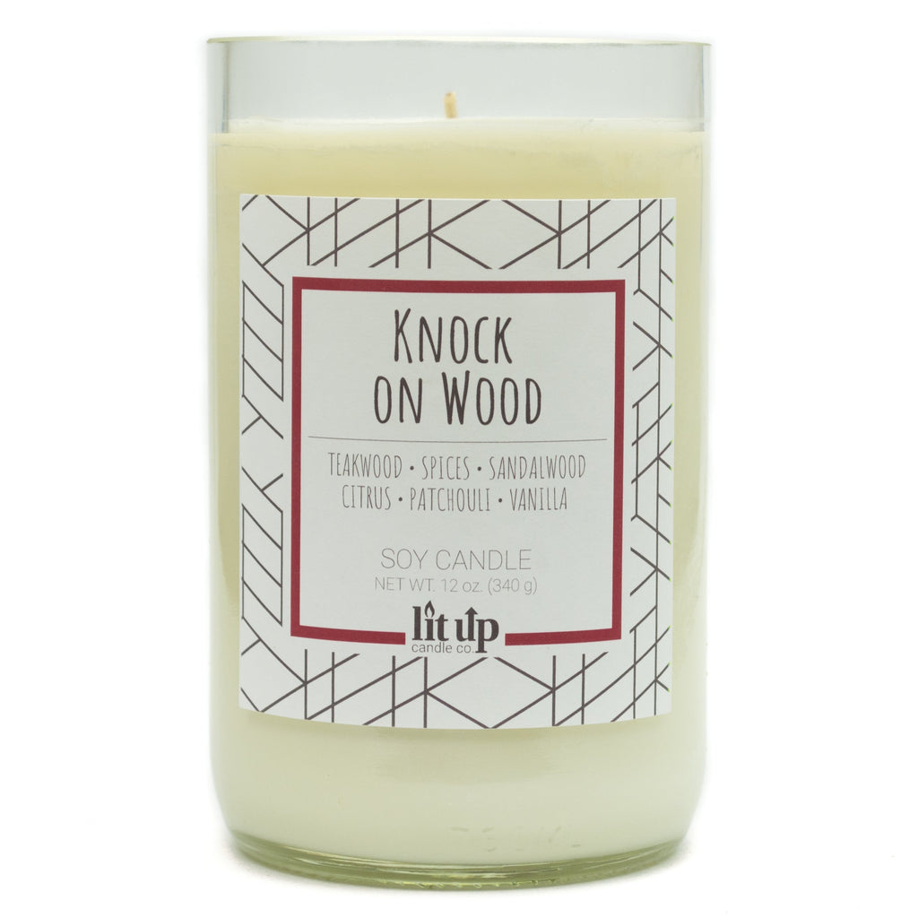 Knock on Wood Soy Candle, 12 oz Teakwood & Sandalwood in Upcycled Wine Bottle