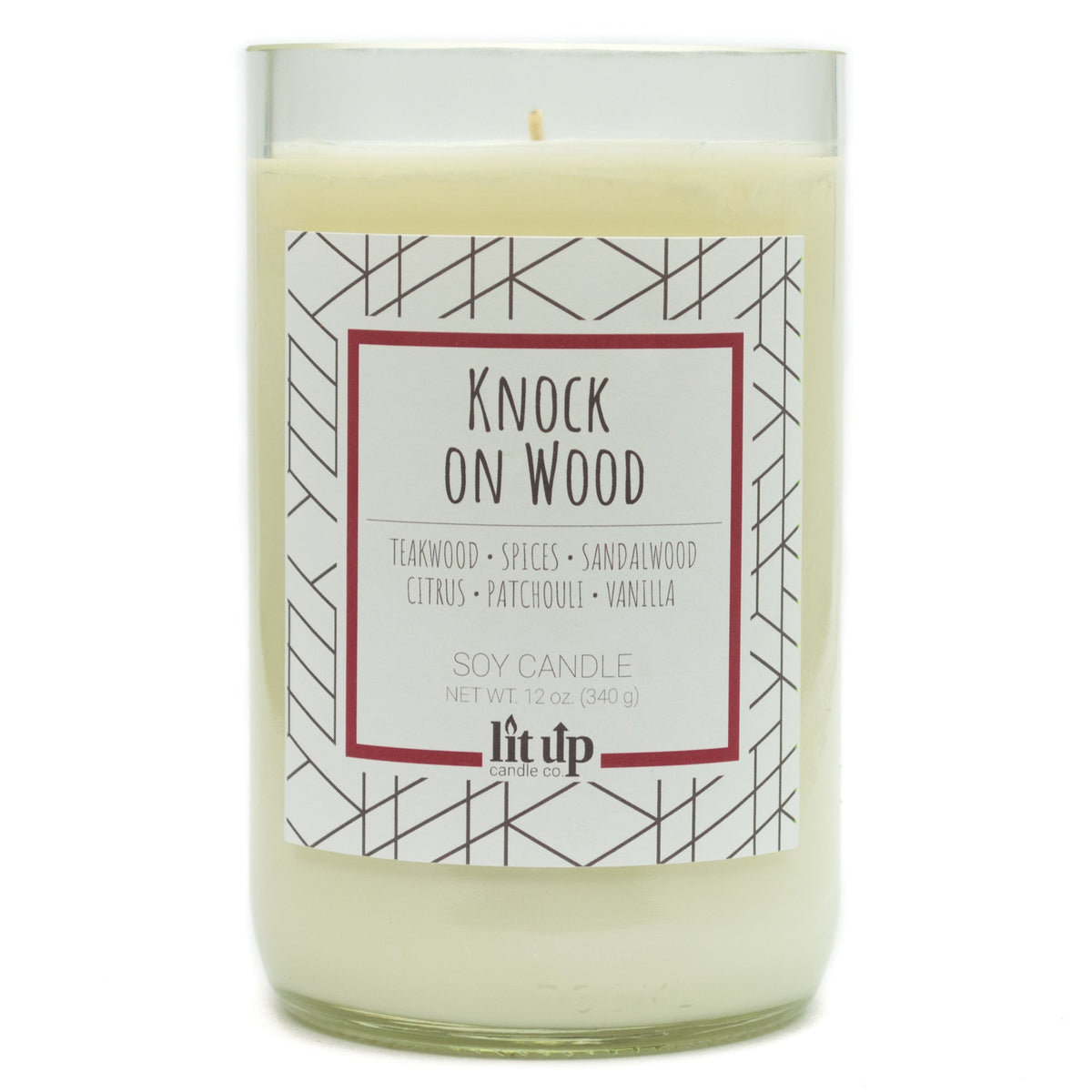 Knock on Wood Soy Candle, 12 oz Teakwood & Sandalwood in Upcycled Wine Bottle