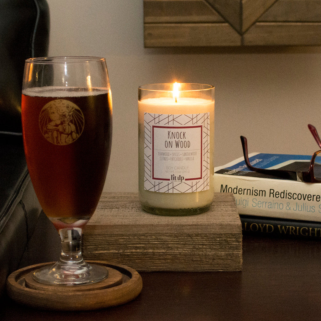 Knock on Wood Soy Candle – 12 oz Teakwood & Sandalwood in Upcycled Wine Bottle