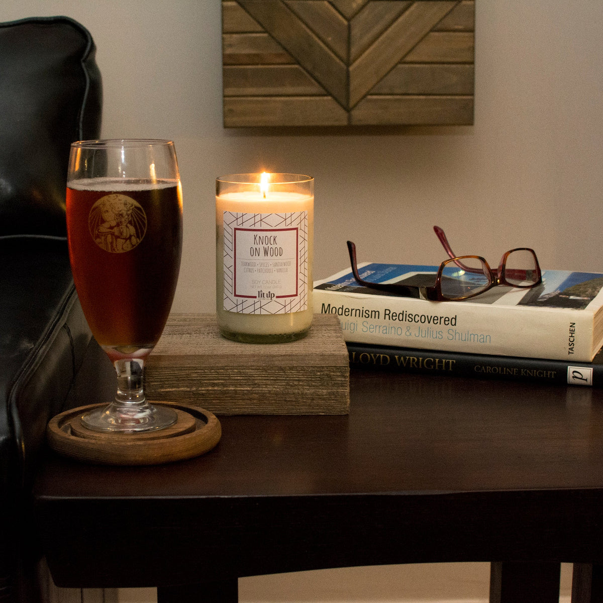 Knock on Wood Soy Candle – 12 oz Teakwood & Sandalwood in Upcycled Wine Bottle