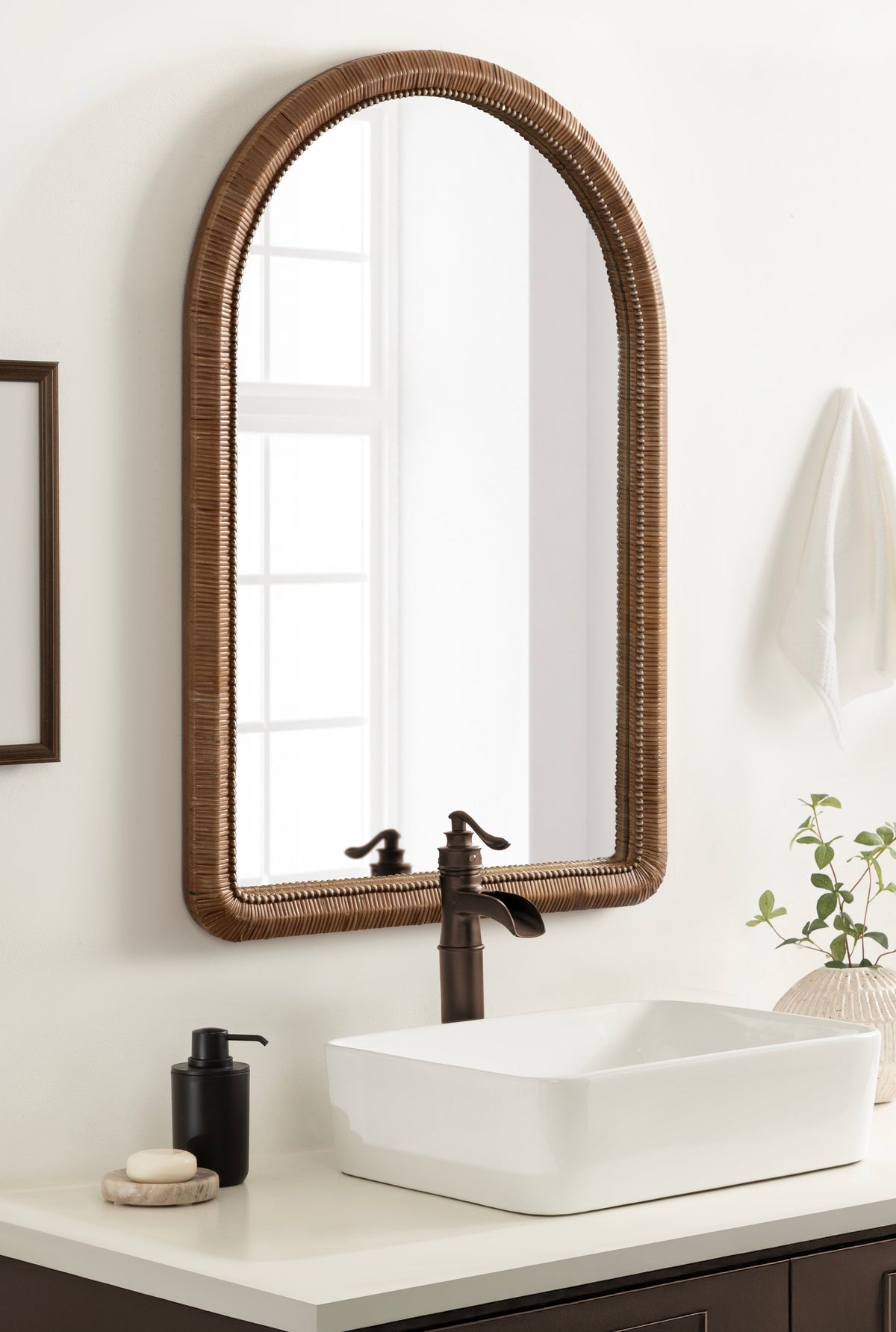 Rahfy Beaded Rattan Arch Wall Mirror – 24 x 36 in Boho Mirror