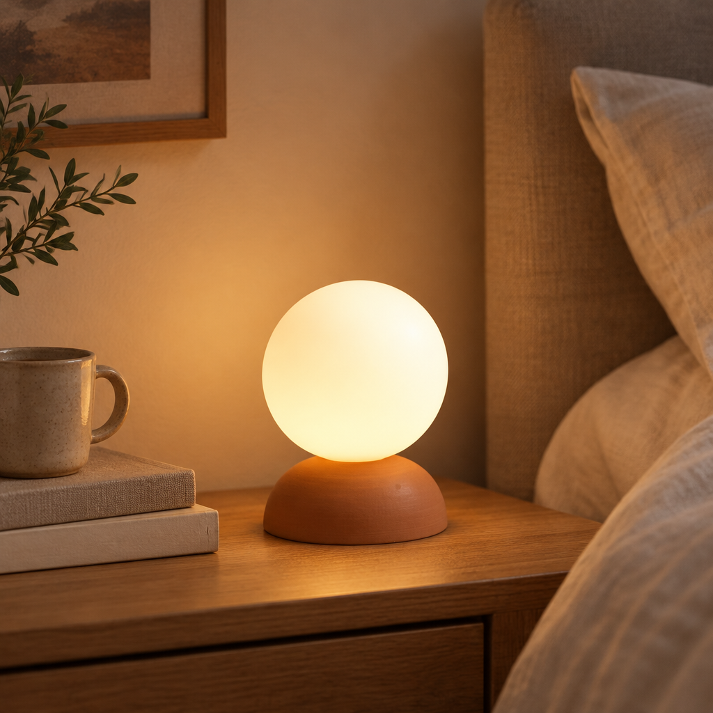 Monroe ceramic accent lamp glowing on a bedroom nightstand
