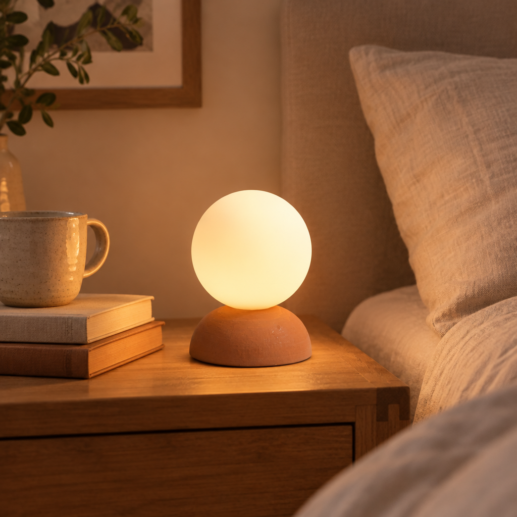 Monroe terracotta table lamp with warm light beside books