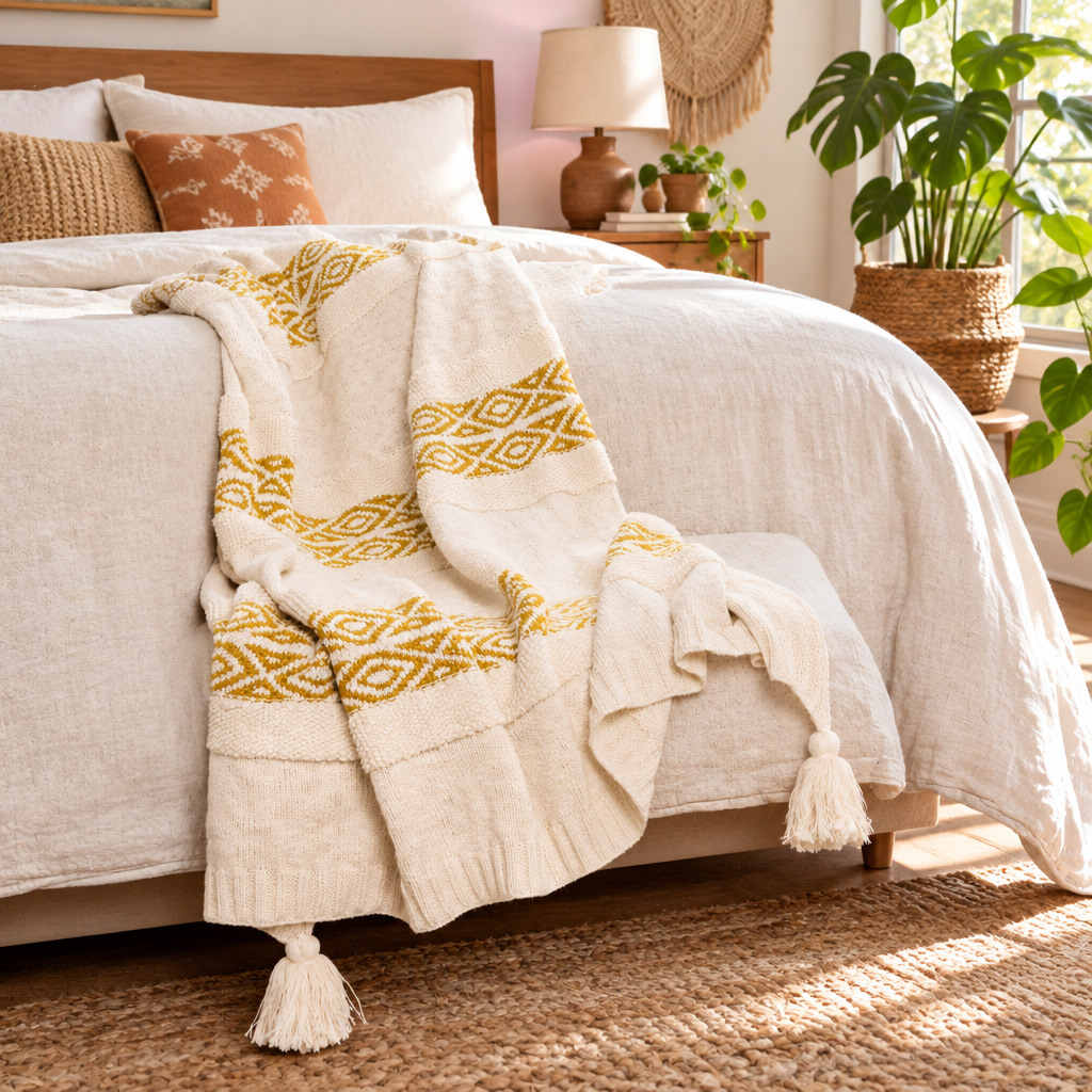 Striped cotton knit throw with tassels folded on a bed in a boho bedroom