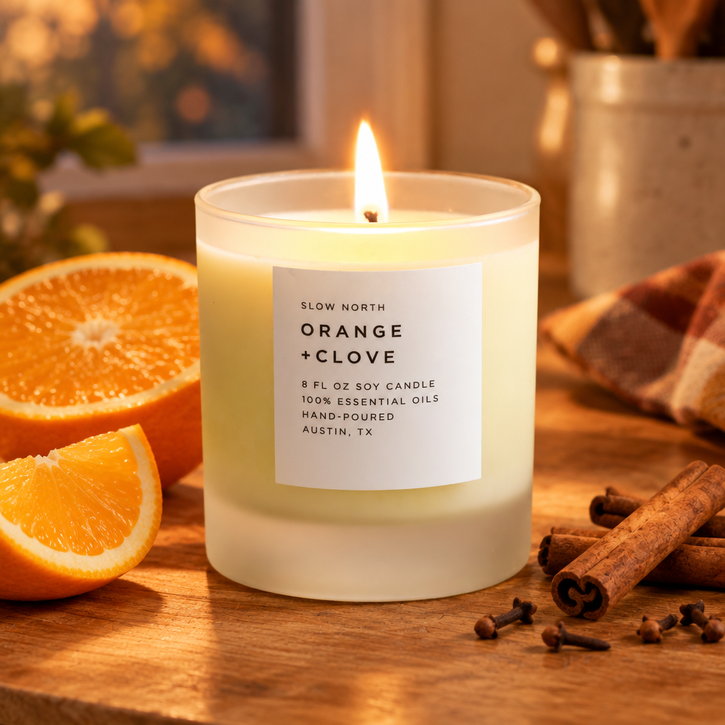 Orange and clove soy candle lit on a kitchen counter with oranges and cinnamon