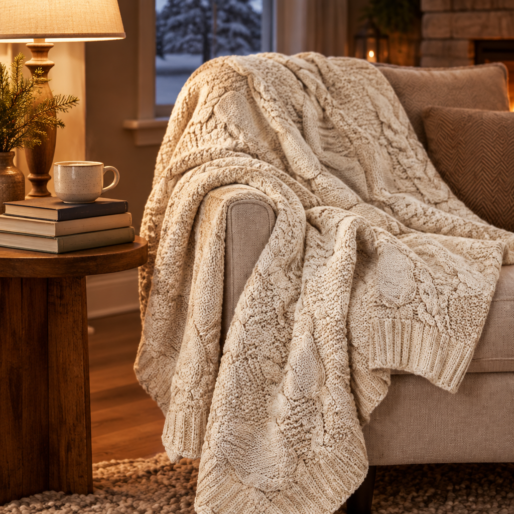 Ivory cable-knit sweater throw draped over an armchair by a reading lamp