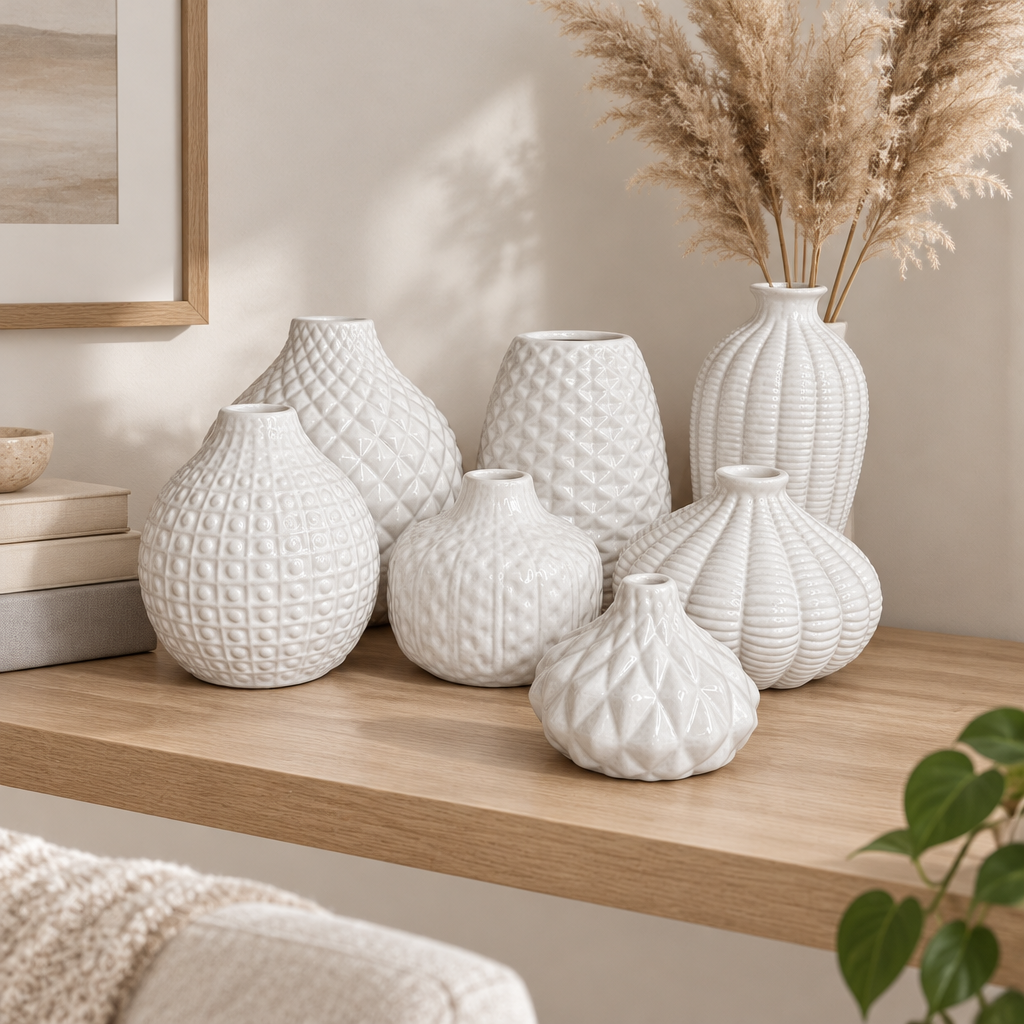 White textured artisan ceramic vases styled on a wood shelf with pampas grass