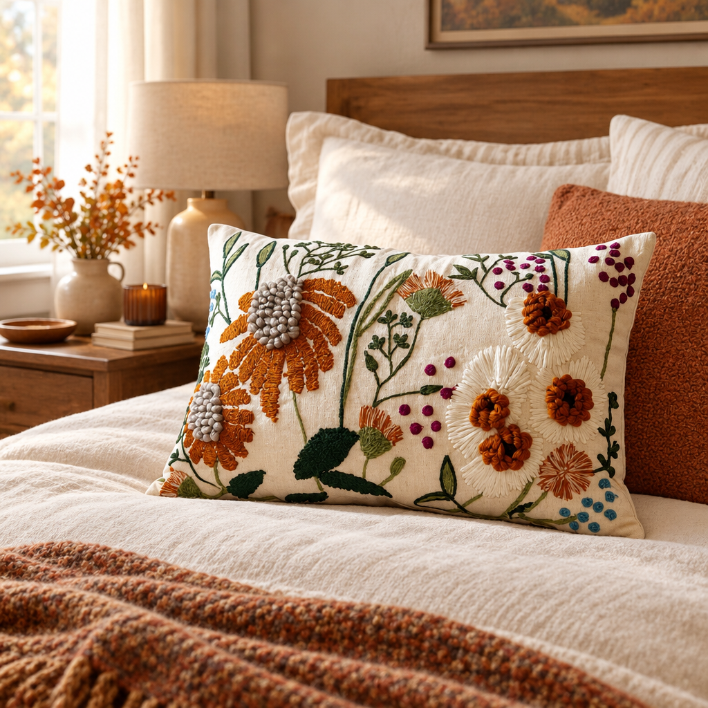 Floral embroidered lumbar pillow cover on a cozy made bed