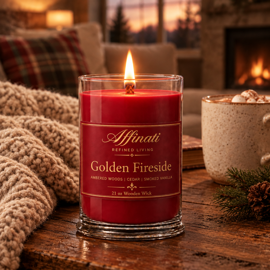 Golden Fireside wooden wick candle lit on a coffee table in a cozy living room