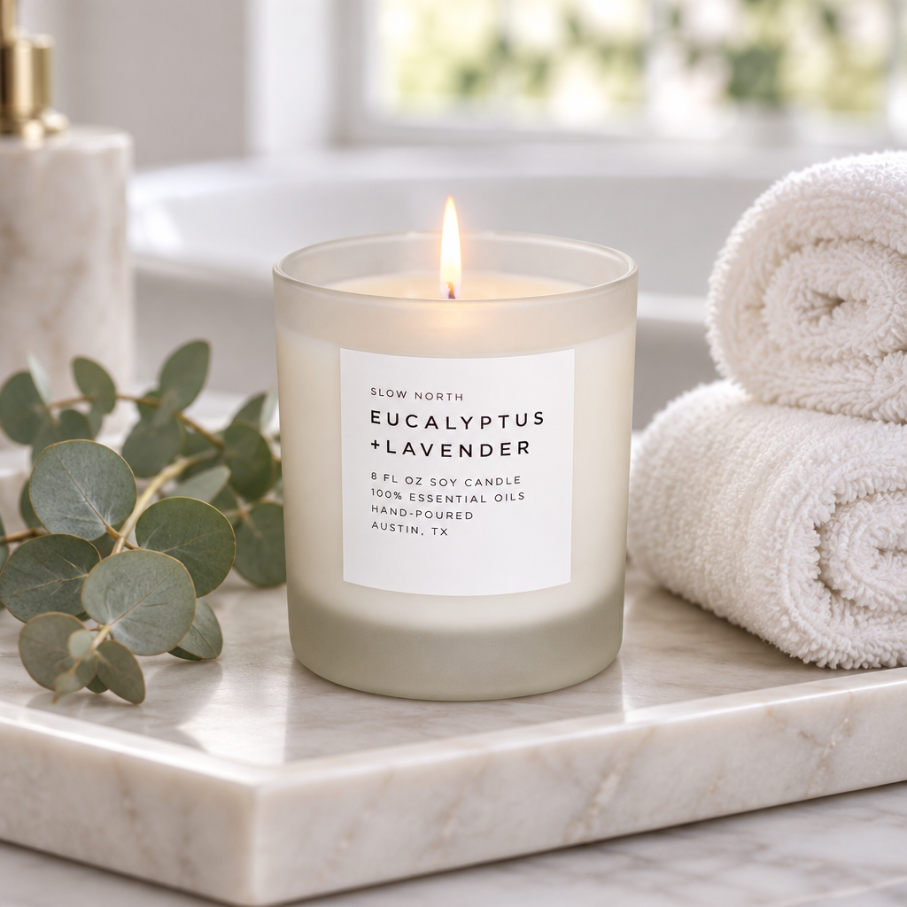 Eucalyptus and lavender soy candle on a bathroom tray with towels and eucalyptus