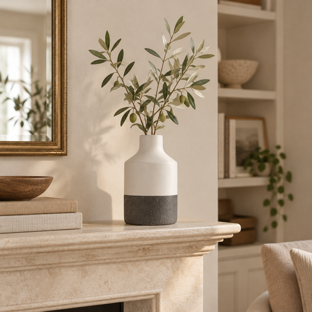 Minimalist matte ceramic vase with olive branches on a fireplace mantel
