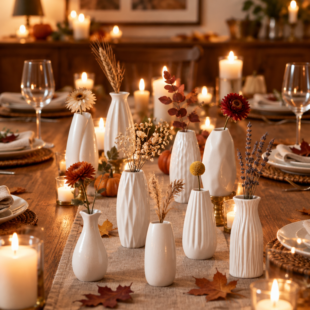 Small white ceramic bud vases with dried stems on an autumn dinner table