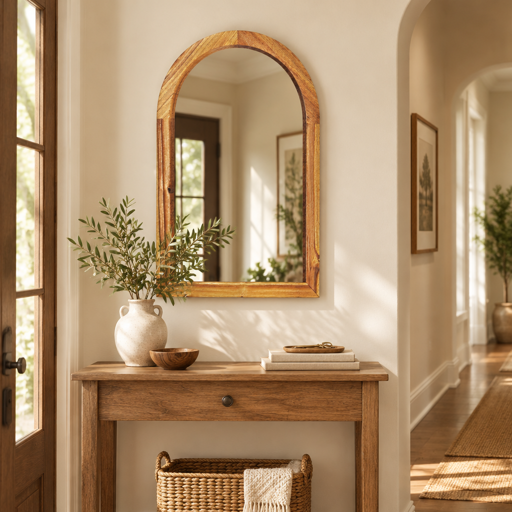 Arched acacia wood wall mirror above an entryway console table