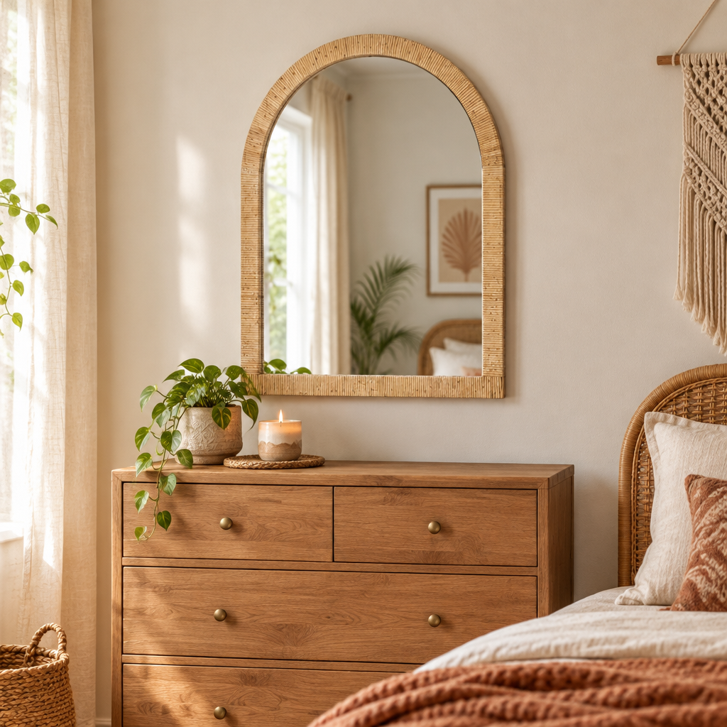Boho arch framed wall mirror above a wooden dresser in a cozy bedroom
