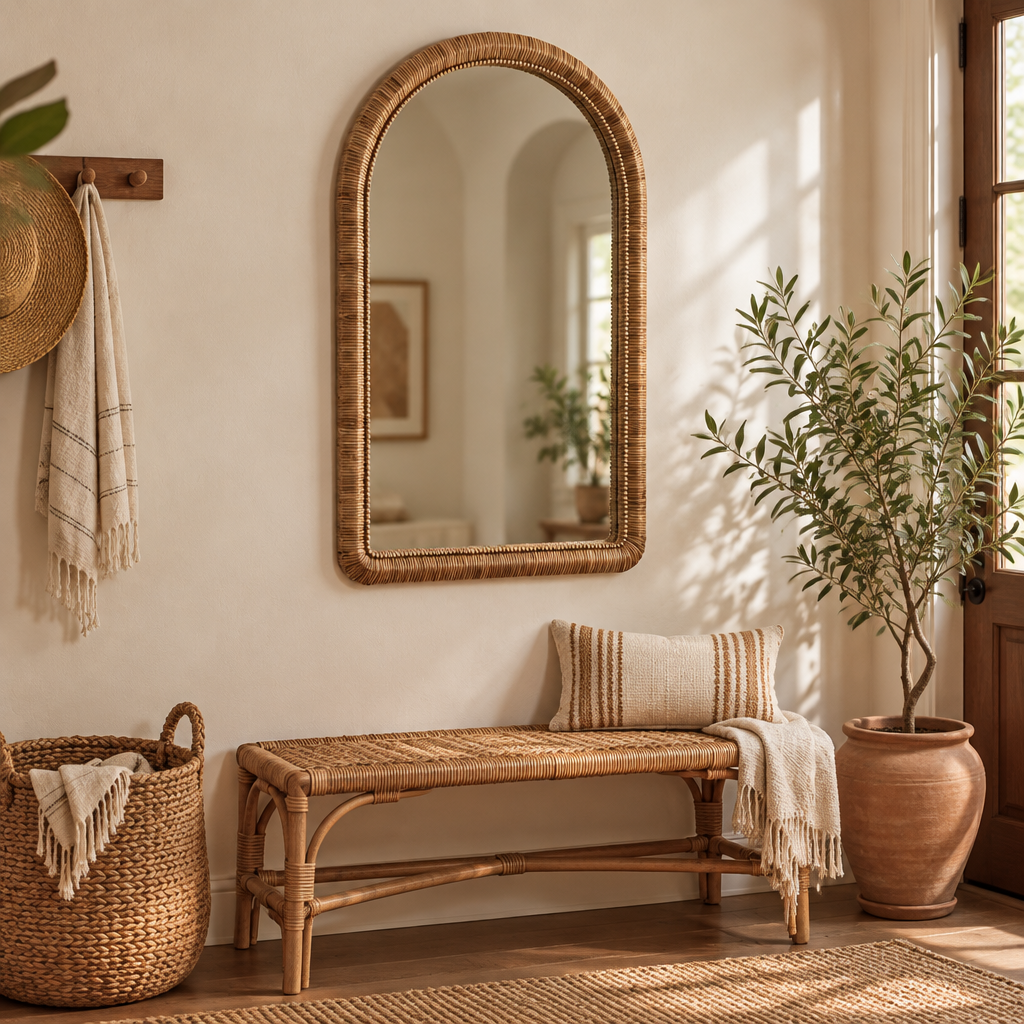 Beaded arch framed wall mirror above a rattan bench in a boho entryway