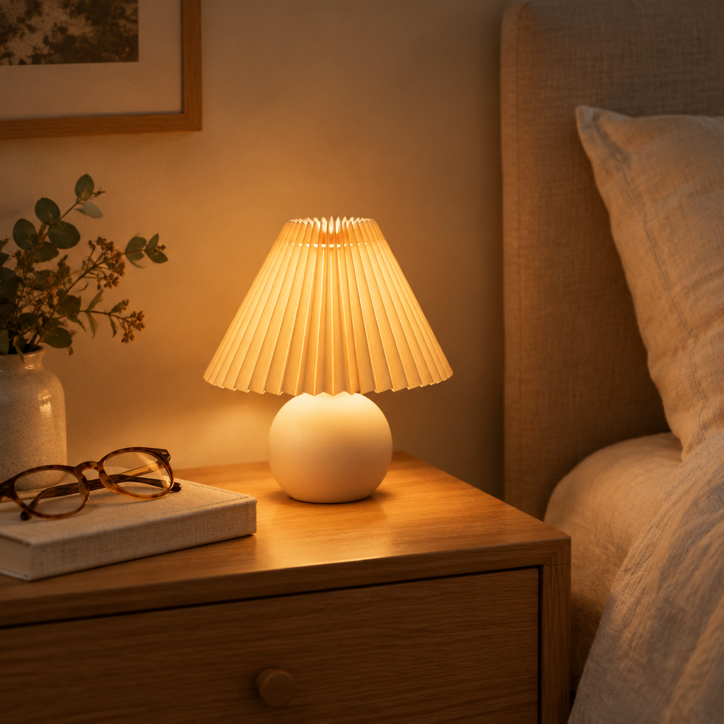 Serena ceramic table lamp glowing on a bedside table at night