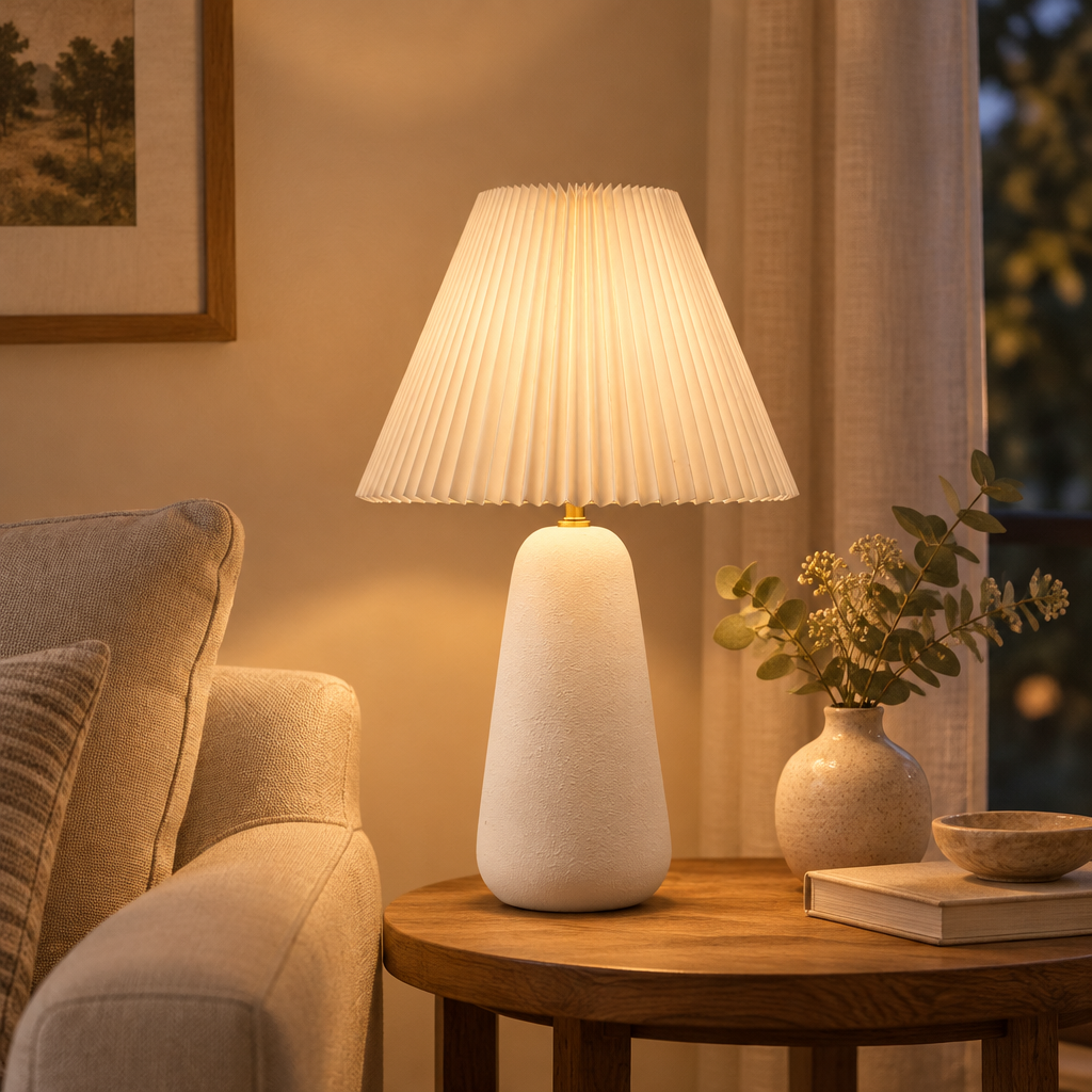 White textured ceramic table lamp with fluted shade on a living room side table
