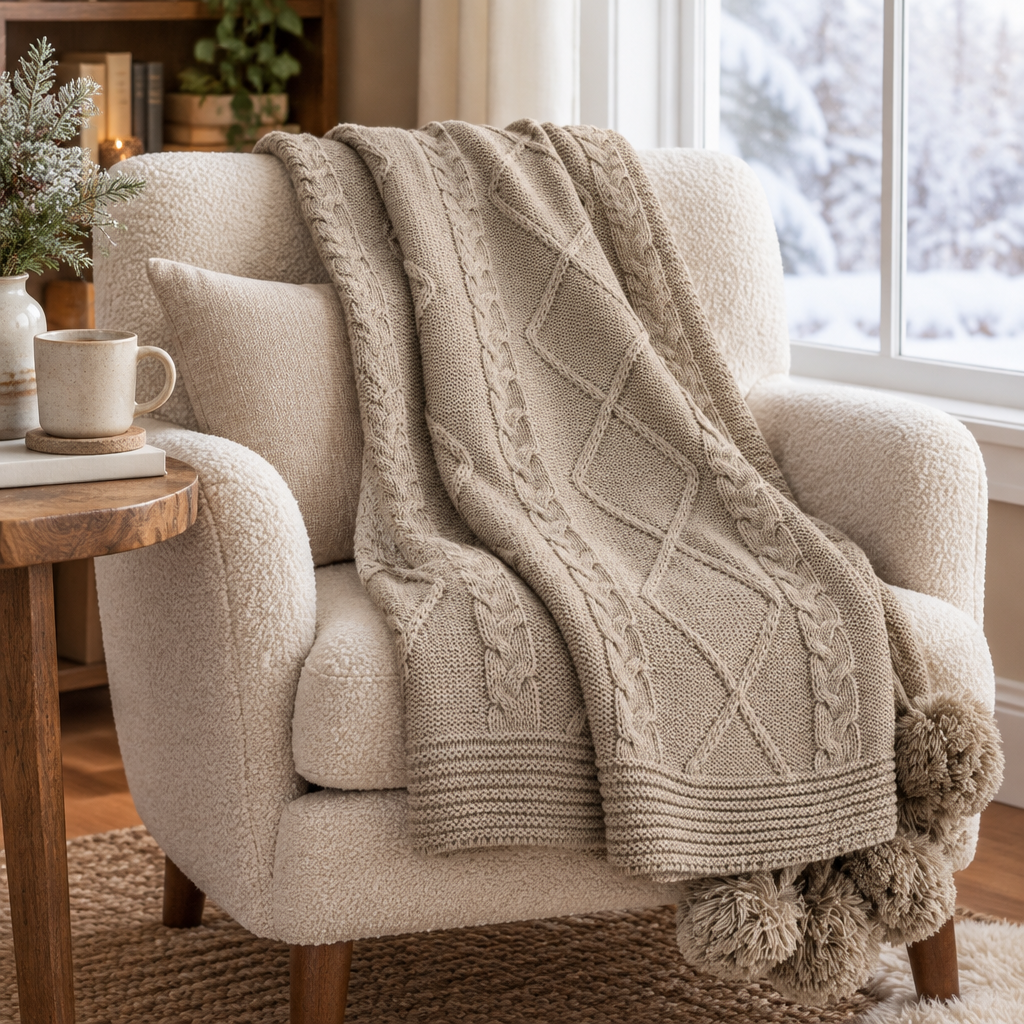 Taupe faux fur and cable knit pom pom throw folded on a reading chair