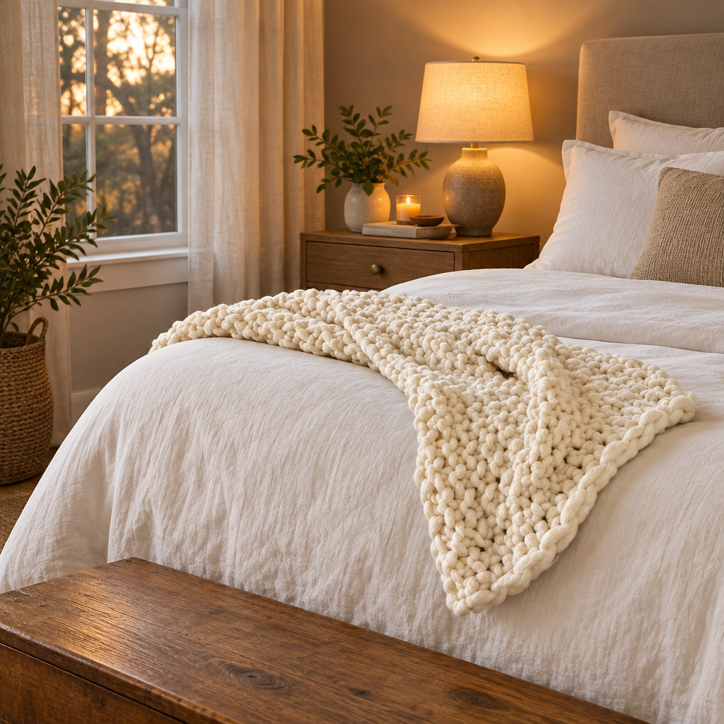 Cream chunky knit throw draped across the foot of a bed in warm lamp light