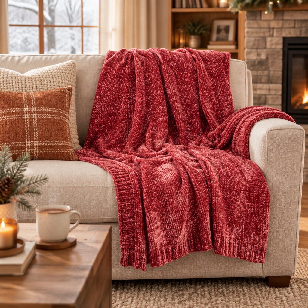 Chunky knitted chenille throw blanket draped over a neutral sofa