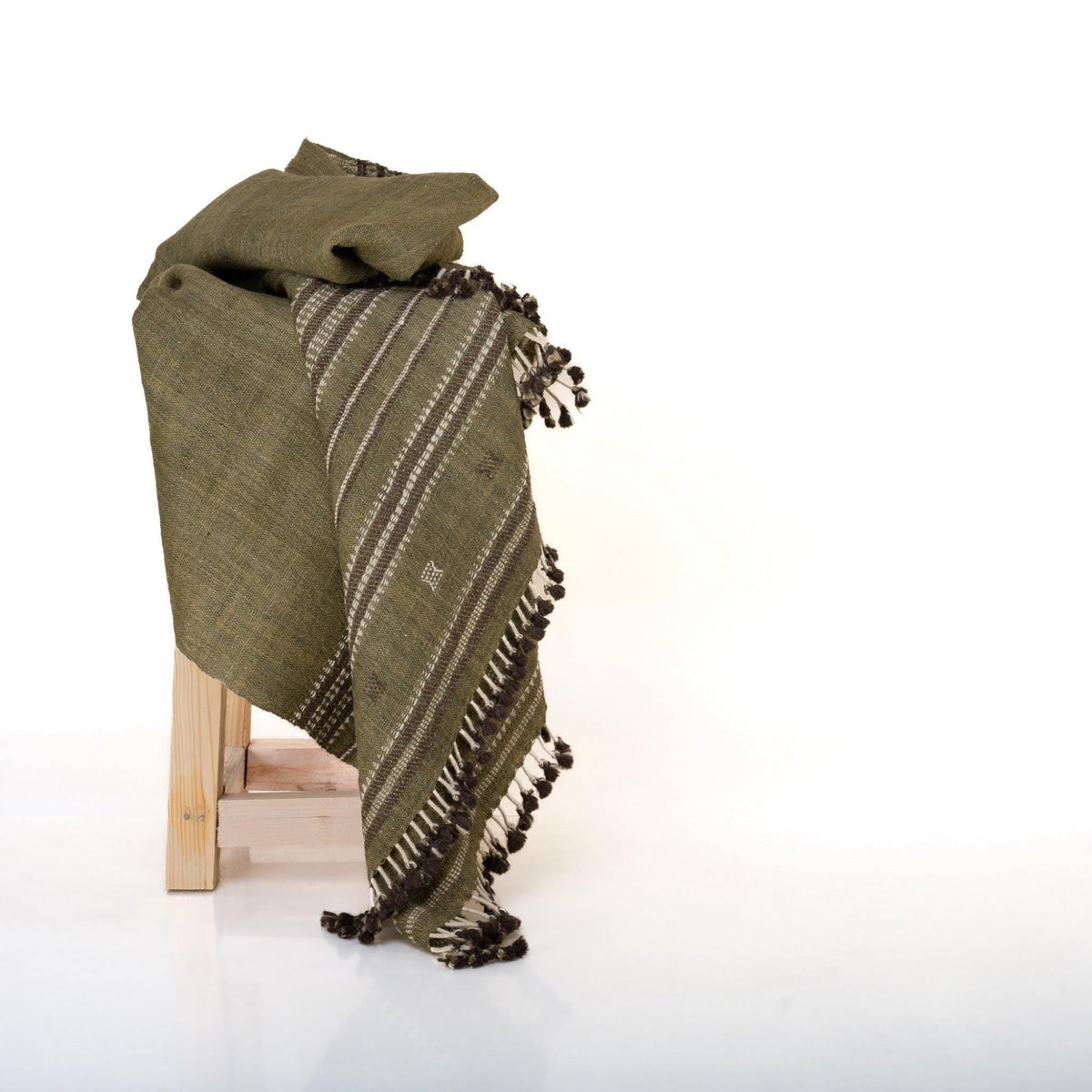 Garnet Handwoven Indian Wool Throw Blanket – Olive Green Stripe
