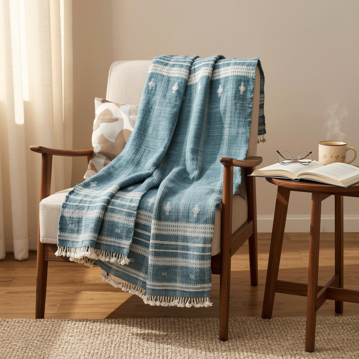 Topas Handwoven Indian Wool Throw Blanket – Teal Blue