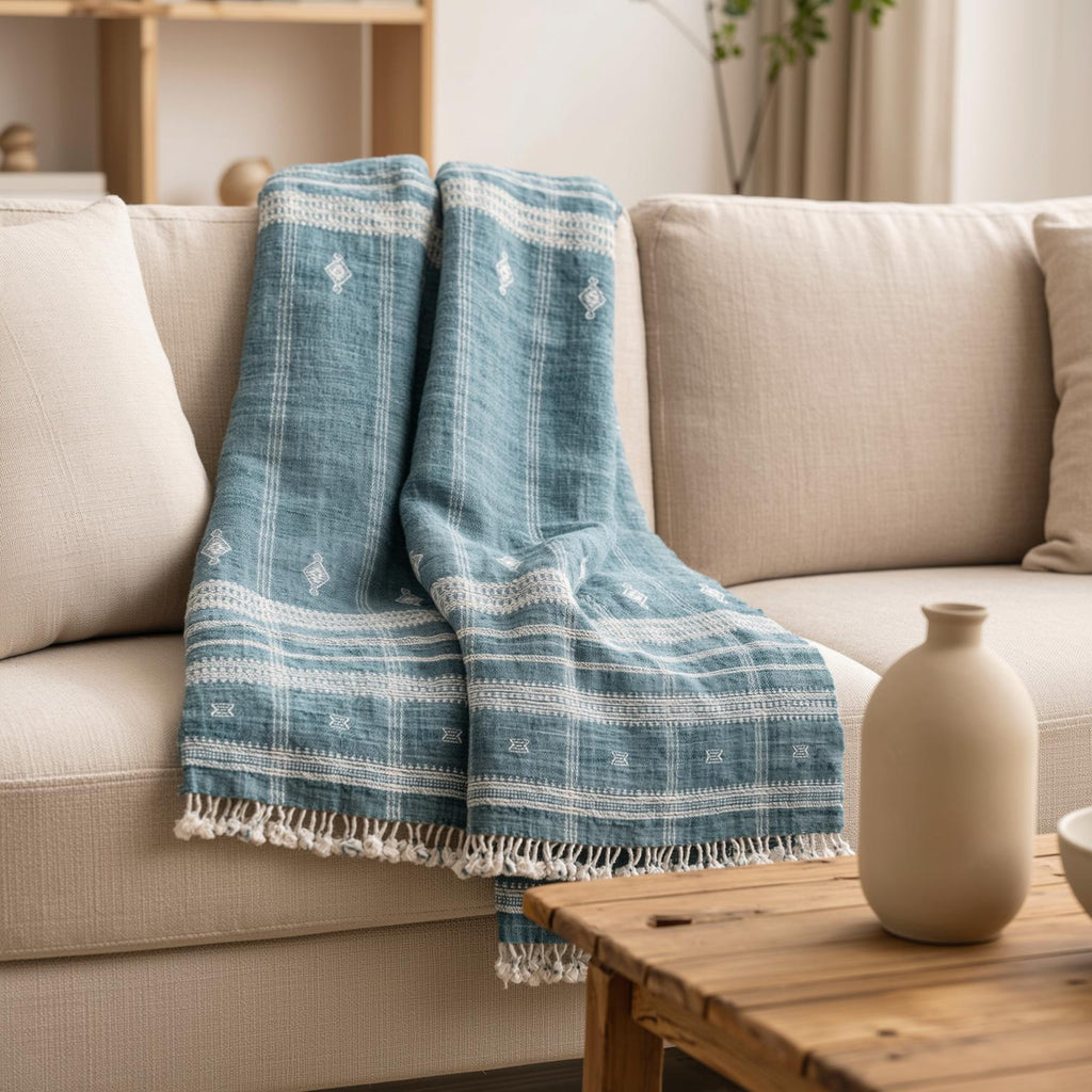 Topas Handwoven Indian Wool Throw Blanket, Teal Blue