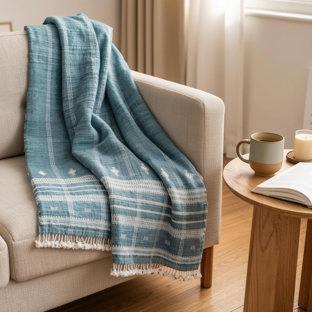 Topas Handwoven Indian Wool Throw Blanket – Teal Blue