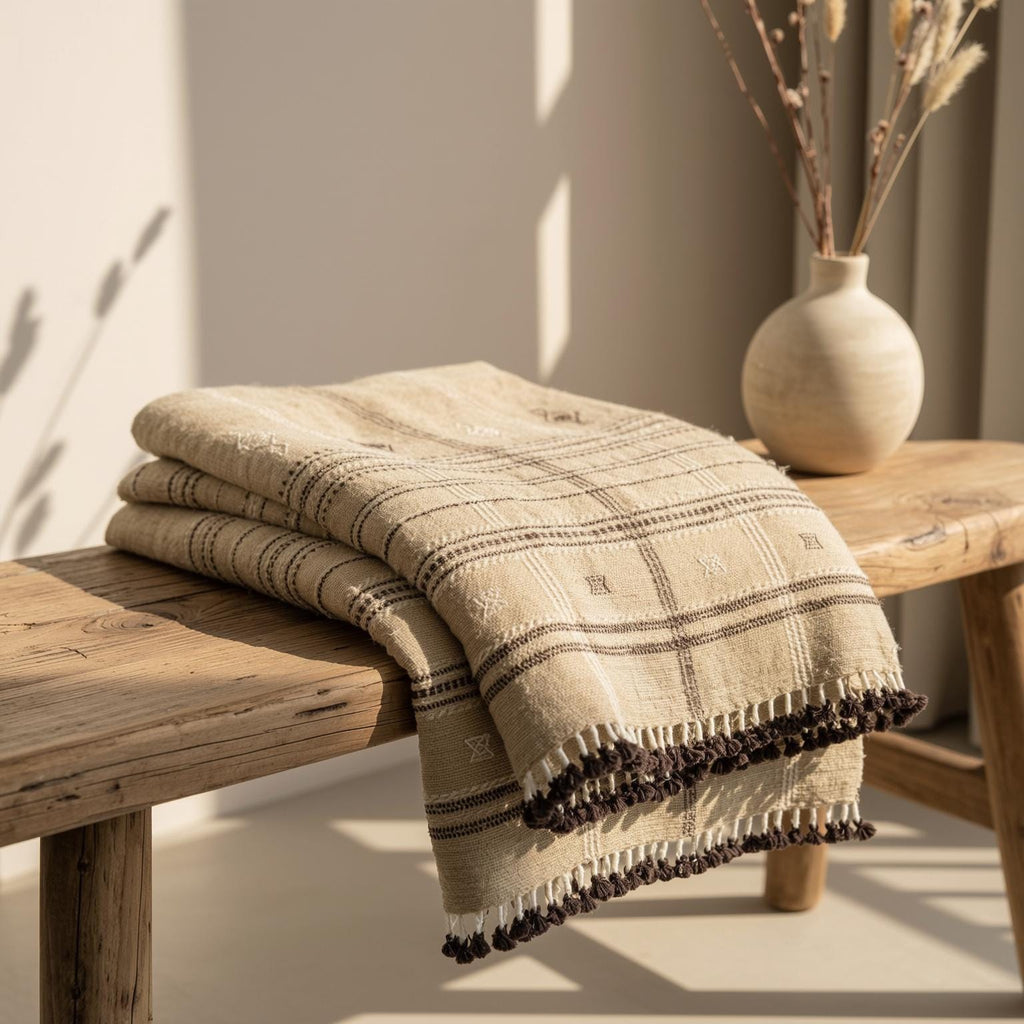 Tanishq Handwoven Indian Wool Throw Blanket, Tan Plaid