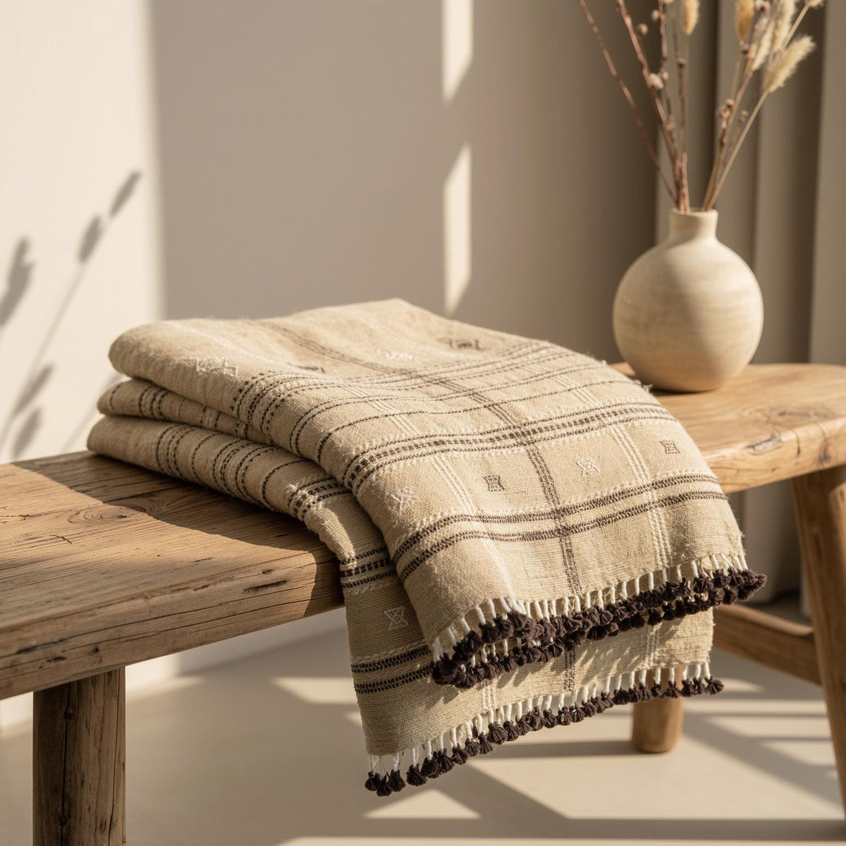 Tanishq Handwoven Indian Wool Throw Blanket, Tan Plaid