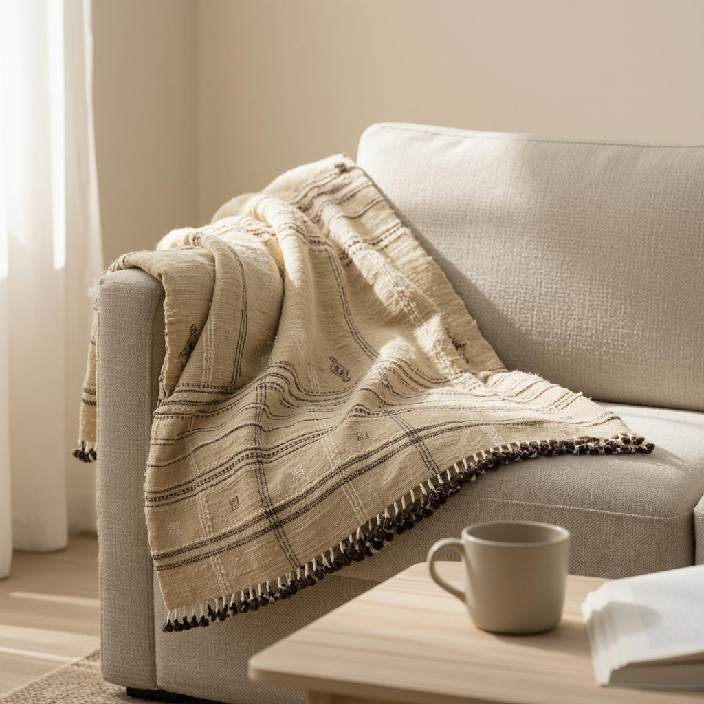 Tanishq Handwoven Indian Wool Throw Blanket – Tan Plaid
