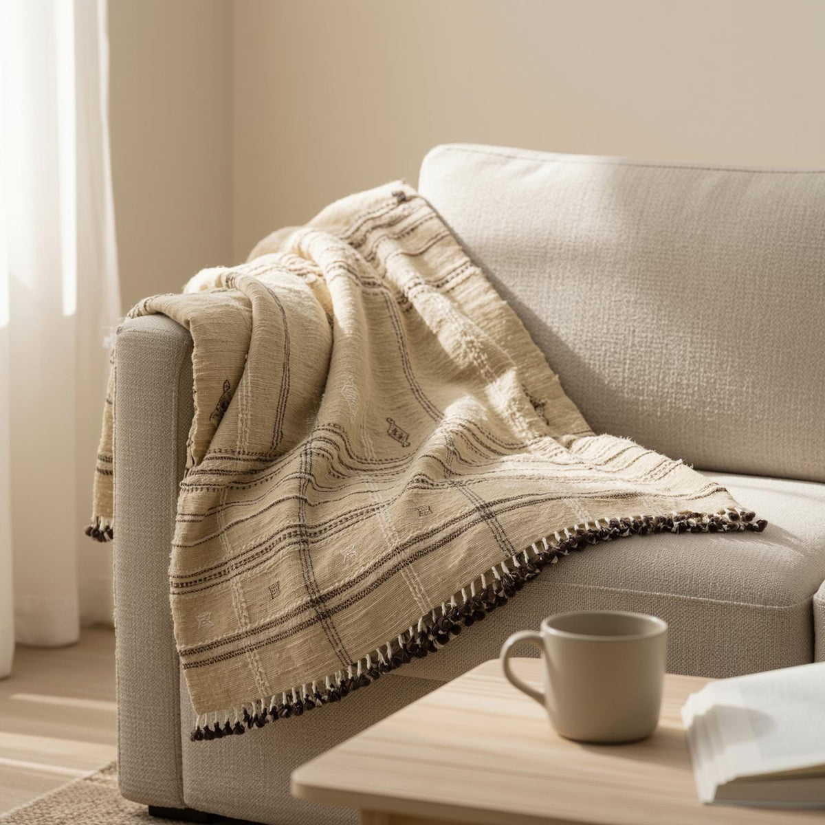 Tanishq Handwoven Indian Wool Throw Blanket – Tan Plaid