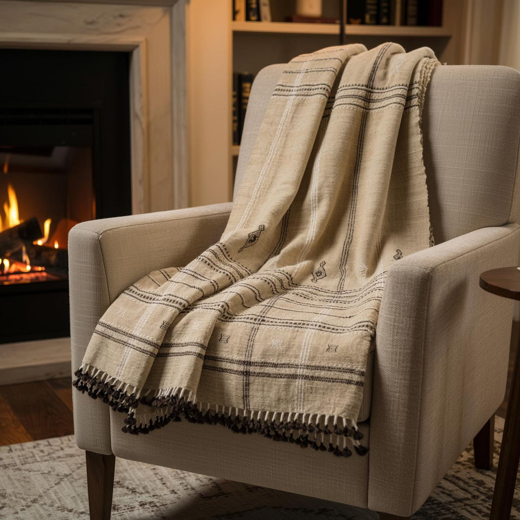 Tanishq Handwoven Indian Wool Throw Blanket – Tan Plaid