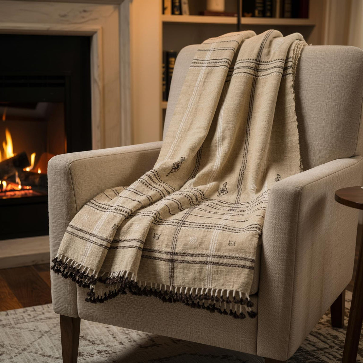 Tanishq Handwoven Indian Wool Throw Blanket – Tan Plaid