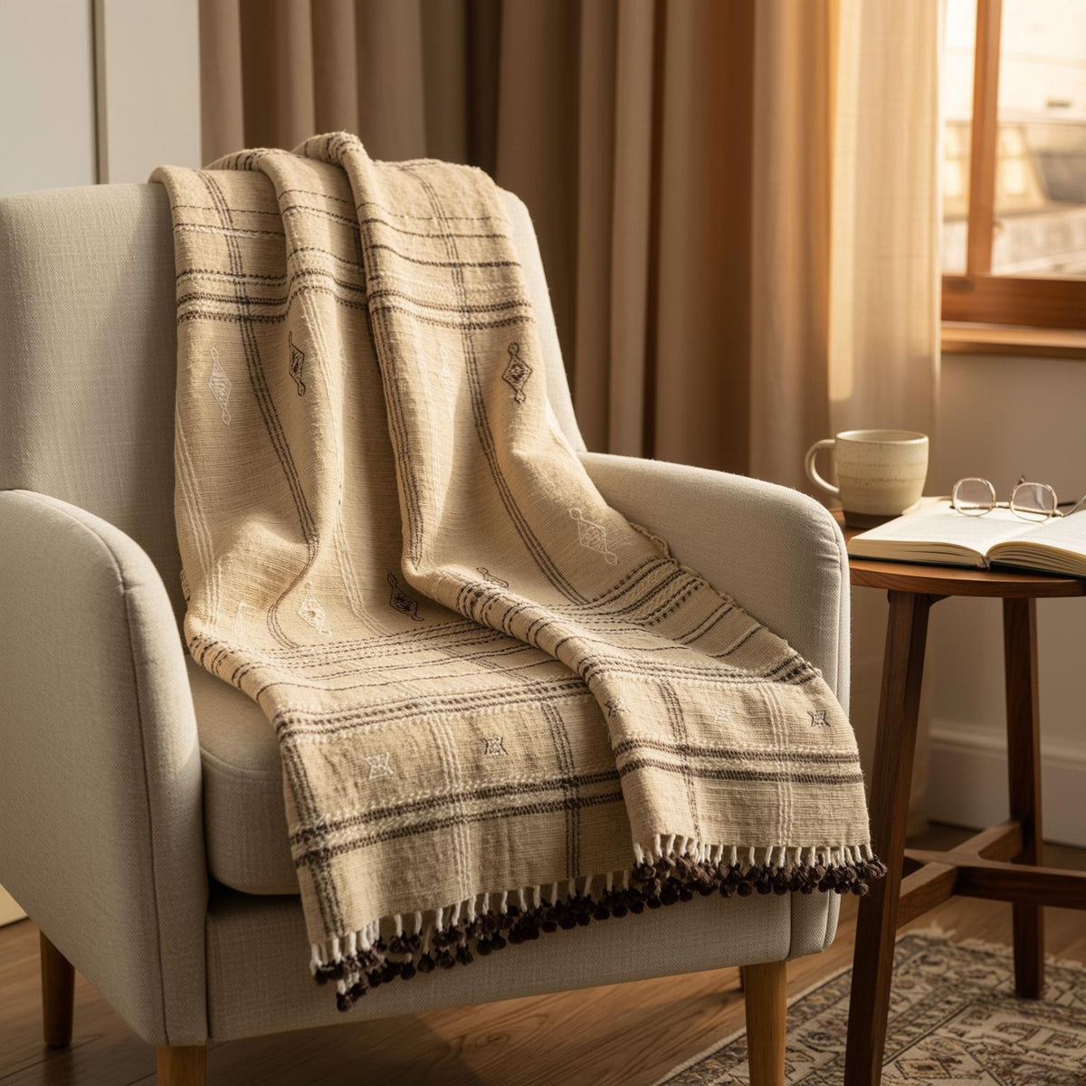 Tanishq Handwoven Indian Wool Throw Blanket – Tan Plaid