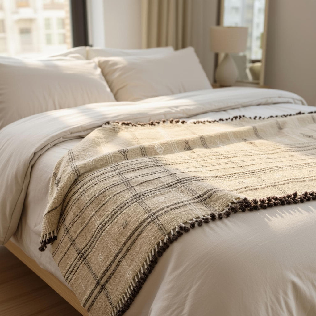 Tanishq Handwoven Indian Wool Throw Blanket – Tan Plaid