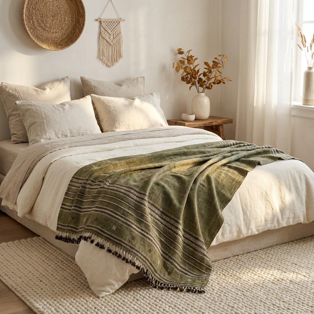 Garnet Handwoven Indian Wool Throw Blanket – Olive Green Stripe