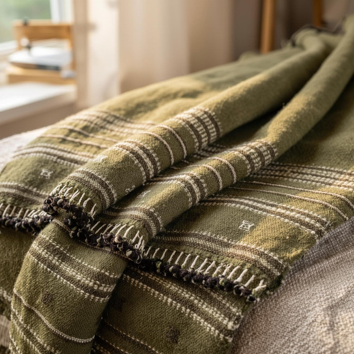 Garnet Handwoven Indian Wool Throw Blanket – Olive Green Stripe