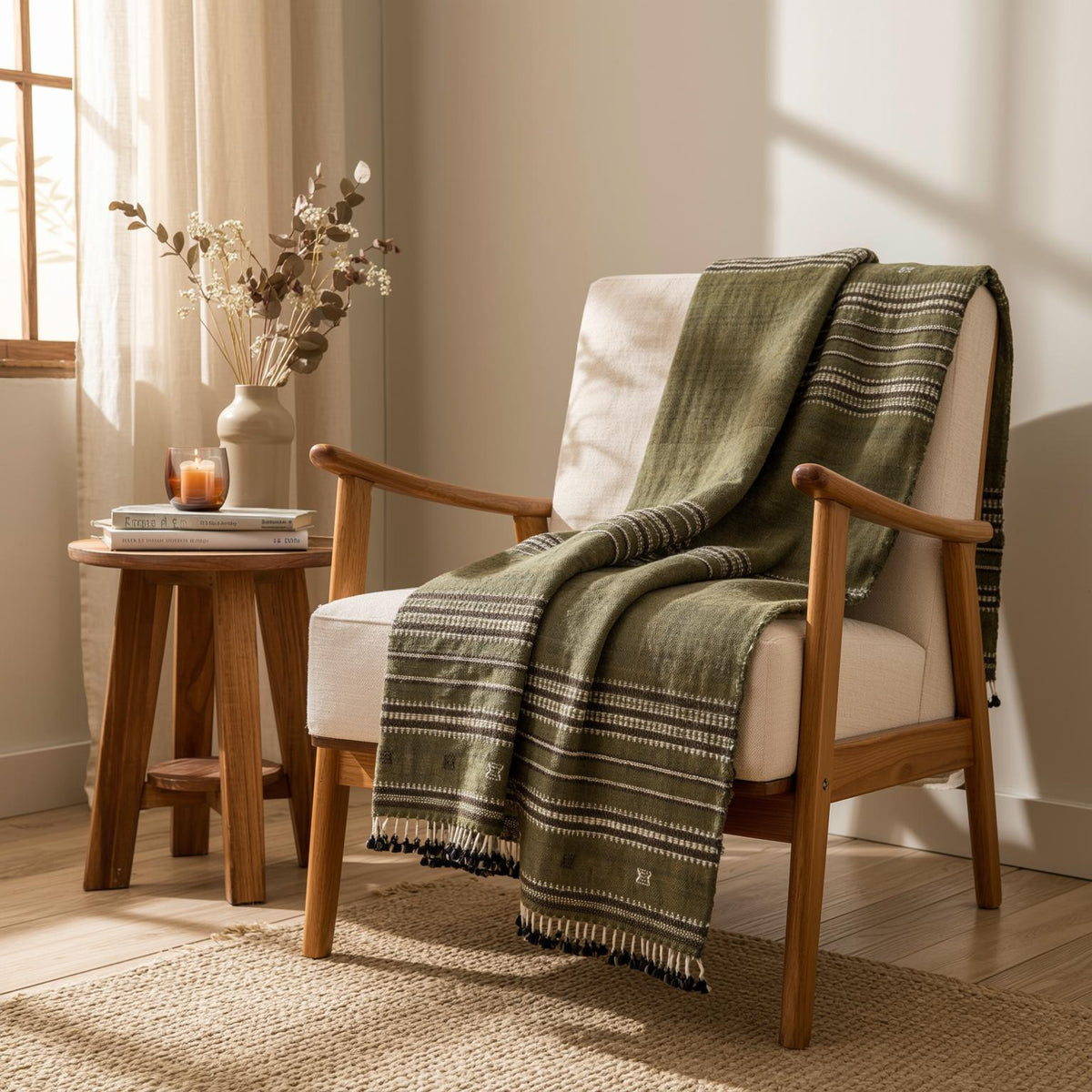 Garnet Handwoven Indian Wool Throw Blanket – Olive Green Stripe