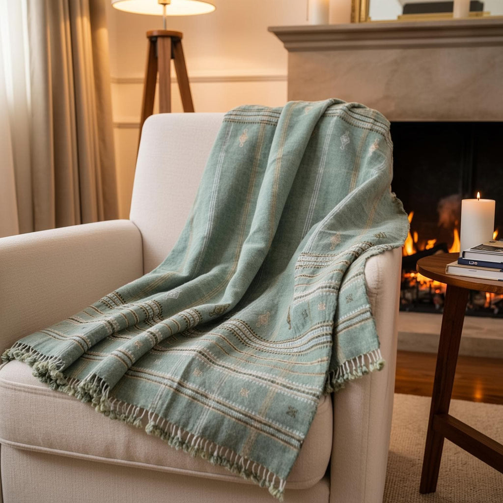 Jade Handwoven Indian Wool Throw Blanket – Sage Green