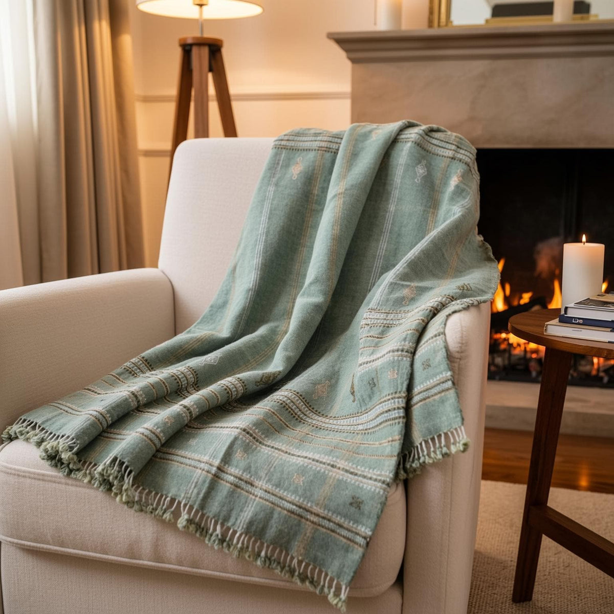 Jade Handwoven Indian Wool Throw Blanket – Sage Green