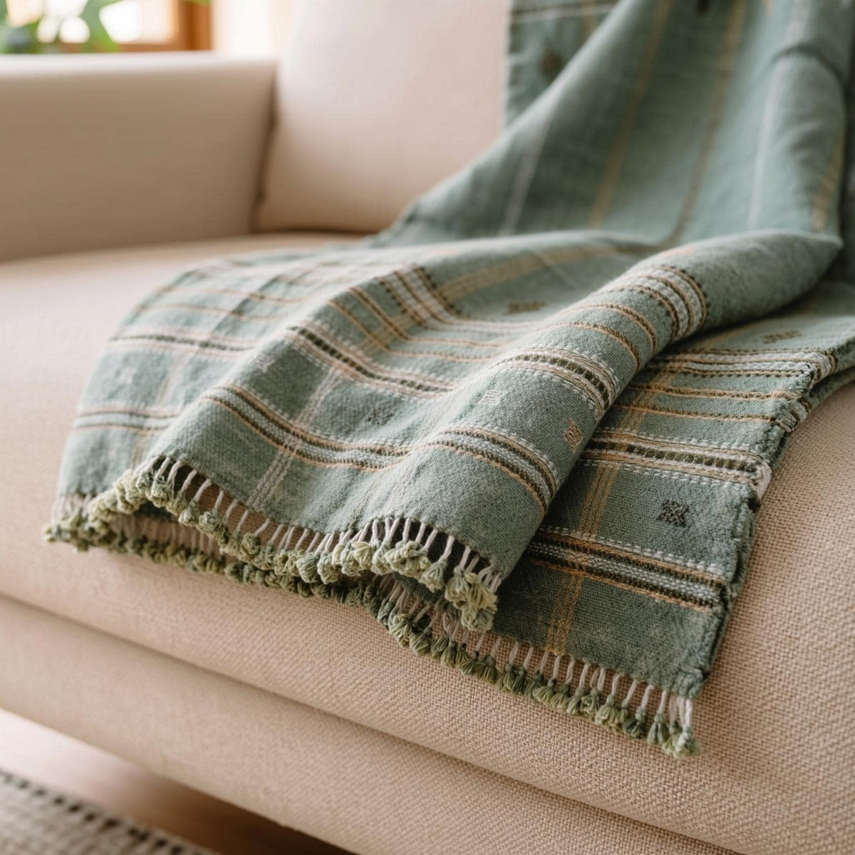 Jade Handwoven Indian Wool Throw Blanket – Sage Green