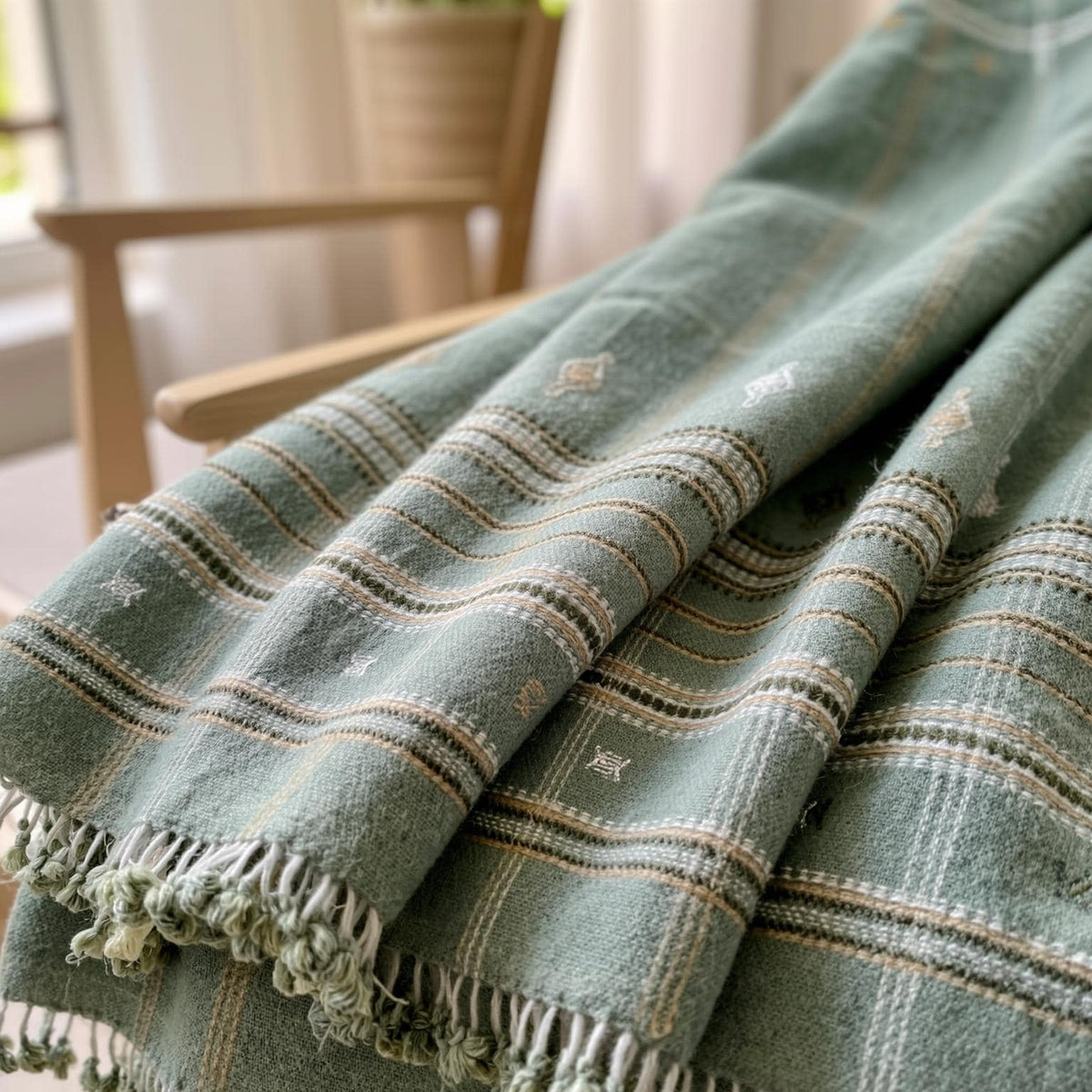 Jade Handwoven Indian Wool Throw Blanket – Sage Green