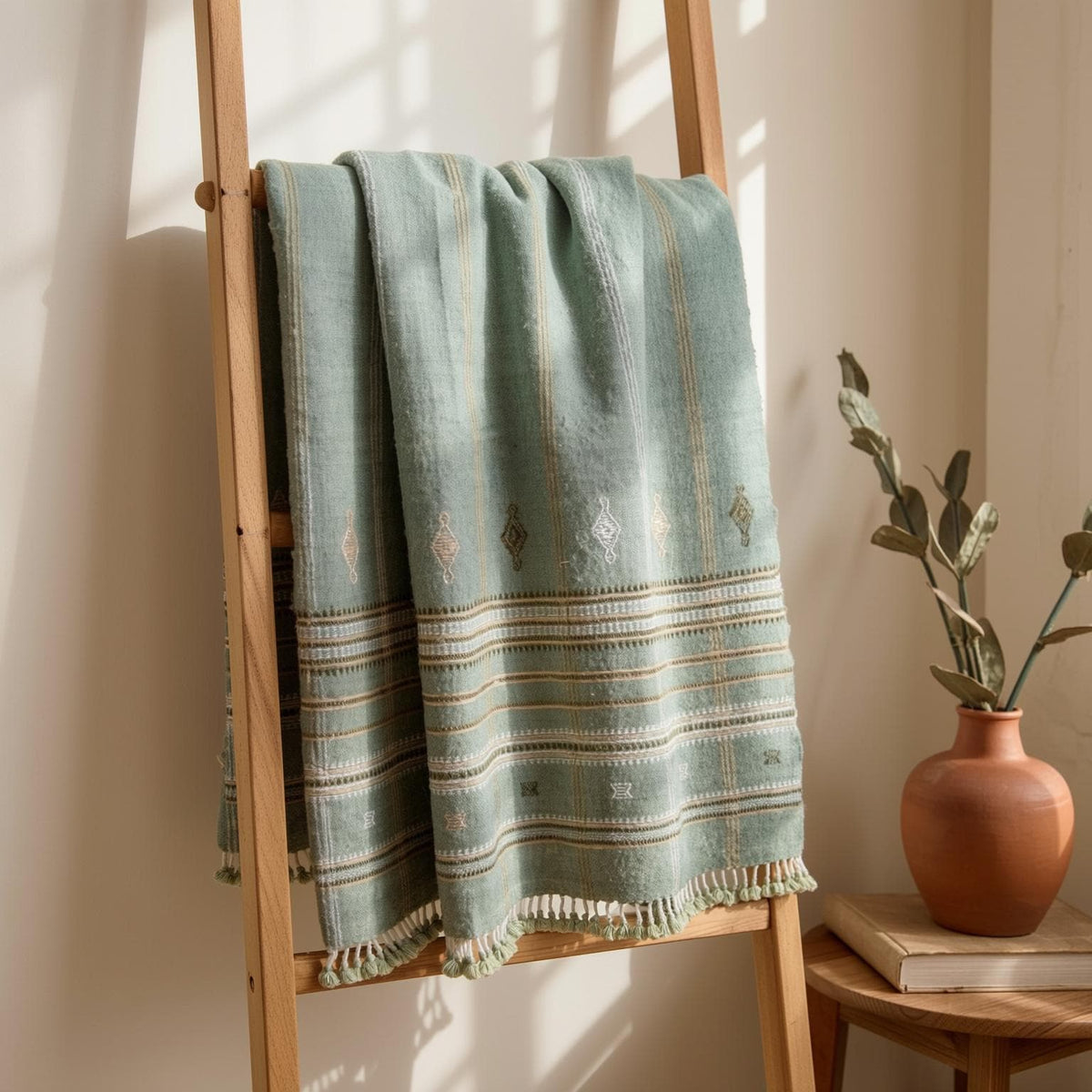Jade Handwoven Indian Wool Throw Blanket – Sage Green