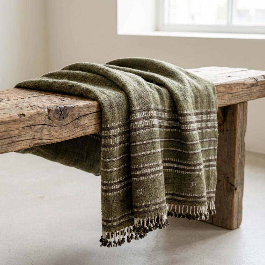 Garnet Handwoven Indian Wool Throw Blanket, Olive Green Stripe
